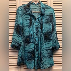 Fever Teal and Black Feather Print Blouse
